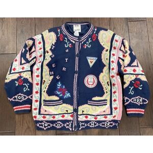 Vintage 90's Knit Cardigan Sweater Size Medium Floral Cottage Together Heavy